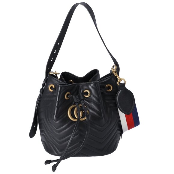 GUCCI GG Marmont Shoulder Bucket Bag 476674 Black Leather - Picture 1 of 10
